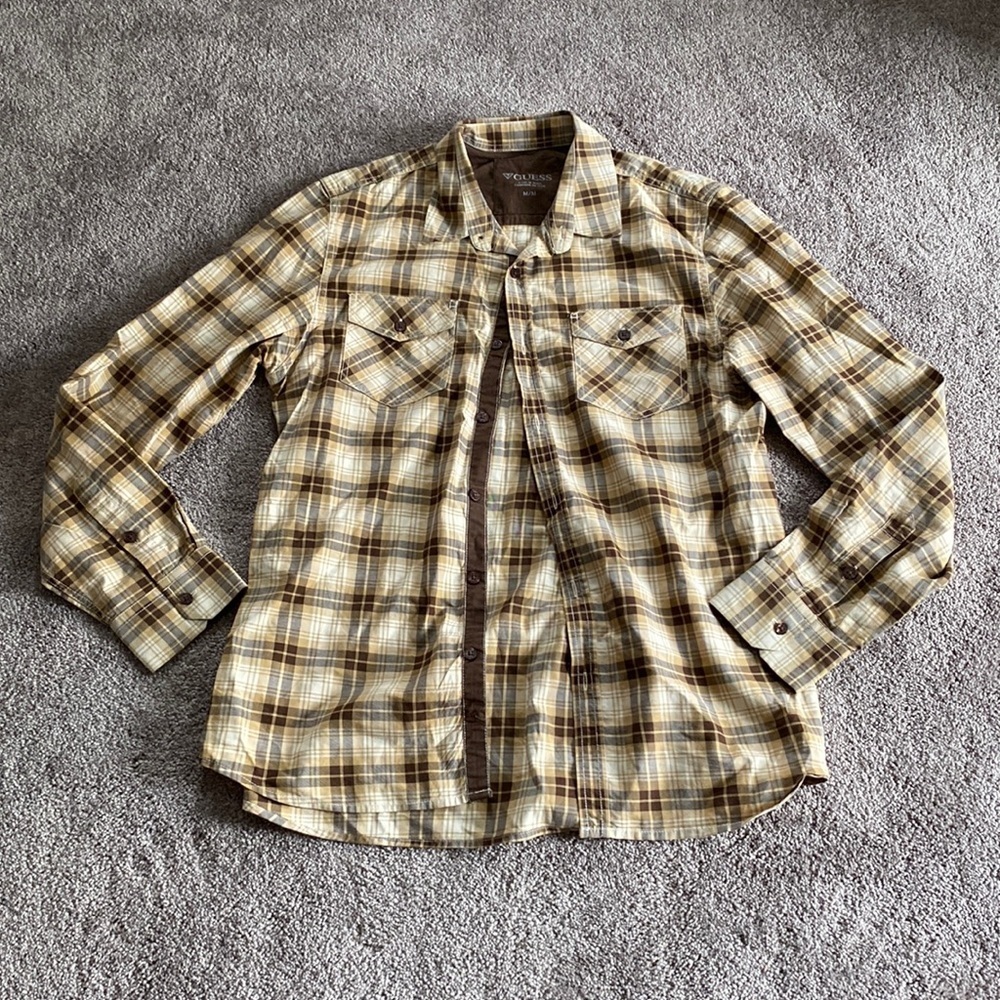 Guess Plaid Button Down Shirt SIZE M Brown Tan Long Sleeve Western Casual Top